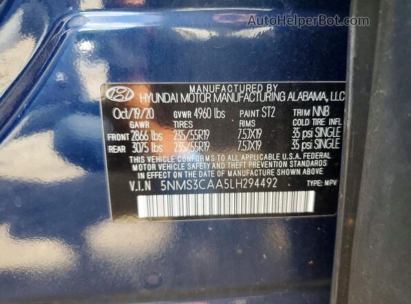 5NMS3CAA5LH294492 2020 HYUNDAI SANTA Blue VIN կոդի պիտակի տեսք