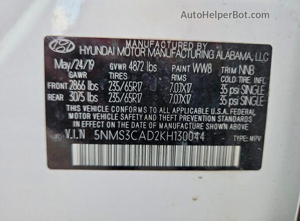 5NMS3CAD2KH130044 2019 HYUNDAI SANTA White VIN კოდის სტიკერის ხედი
