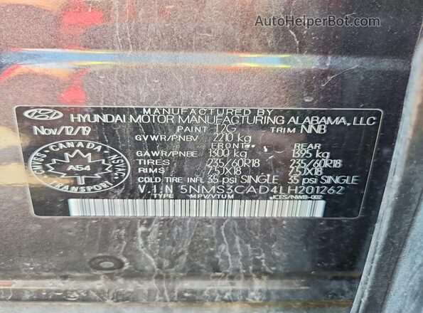 5NMS3CAD4LH201262 2020 HYUNDAI SANTA Серый Вид наклейки с VIN-кодом