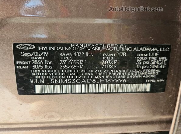 5NMS3CAD8LH169996 2020 HYUNDAI SANTA Brown VIN sticker view