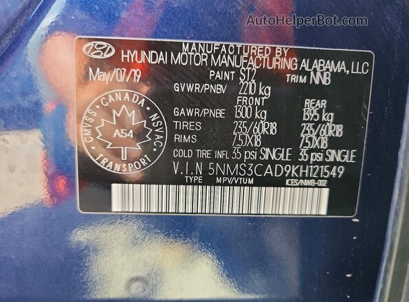 5NMS3CAD9KH121549 2019 HYUNDAI SANTA Blue Widok naklejki z numerem VIN
