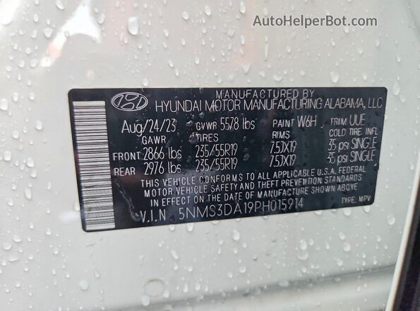 5NMS3DA19PH015914 2023 HYUNDAI SANTA White VIN კოდის სტიკერის ხედი