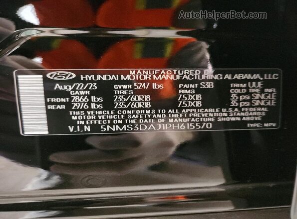 5NMS3DAJ1PH615570 2023 HYUNDAI SANTA Black VIN კოდის სტიკერის ხედი