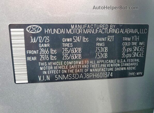 5NMS3DAJ8PH601374 2023 HYUNDAI SANTA Silver VIN კოდის სტიკერის ხედი