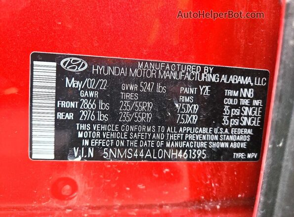 5NMS44AL0NH461395 2022 HYUNDAI SANTA Red Շարժիչի բաժամունքի տեսք