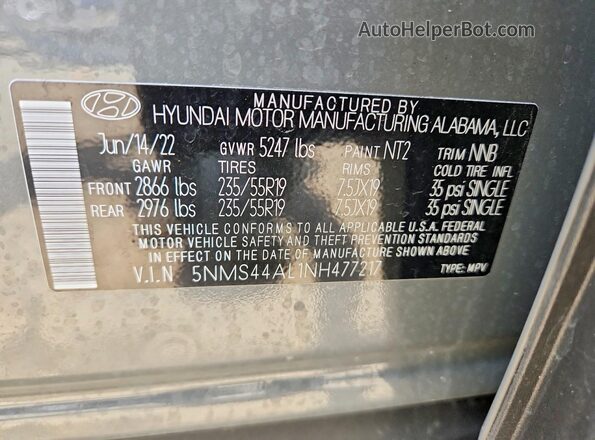 5NMS44AL1NH477217 2022 HYUNDAI SANTA Gray VIN კოდის სტიკერის ხედი