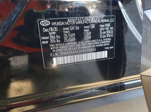 5NMS44AL6MH316456 2021 HYUNDAI SANTA Black Շարժիչի բաժամունքի տեսք