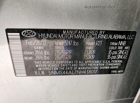5NMS44AL7NH438017 2022 HYUNDAI SANTA Gray VIN կոդի պիտակի տեսք