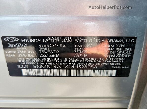 5NMS44ALXMH328058 2021 HYUNDAI SANTA Silver Vista de la etiqueta del VIN