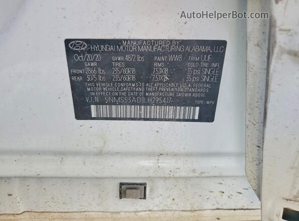 5NMS53AD1LH295417 2020 HYUNDAI SANTA White Widok wnętrza 360 stopni