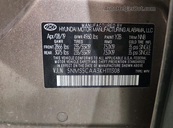 5NMS5CAA3KH111308 2019 HYUNDAI SANTA Beige Vista de la etiqueta del VIN