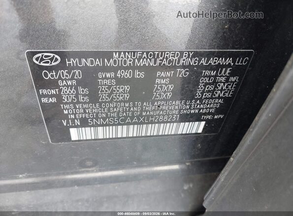 5NMS5CAAXLH288231 2020 HYUNDAI SANTA FE Gray Widok komory silnika