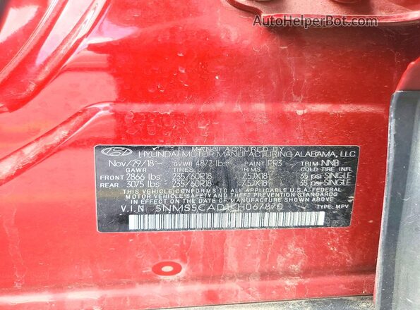 5NMS5CAD1KH067870 2019 HYUNDAI SANTA Red VIN კოდის სტიკერის ხედი
