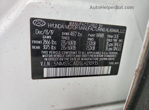 5NMS5CAD5LH210935 2020 HYUNDAI SANTA Белый Вид наклейки с VIN-кодом