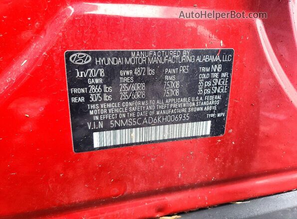 5NMS5CAD6KH006935 2019 HYUNDAI SANTA Red Engine compartment view