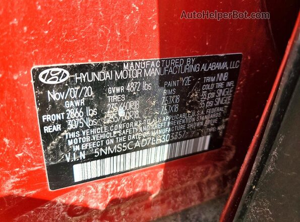 5NMS5CAD7LH303357 2020 HYUNDAI SANTA Red VIN sticker view