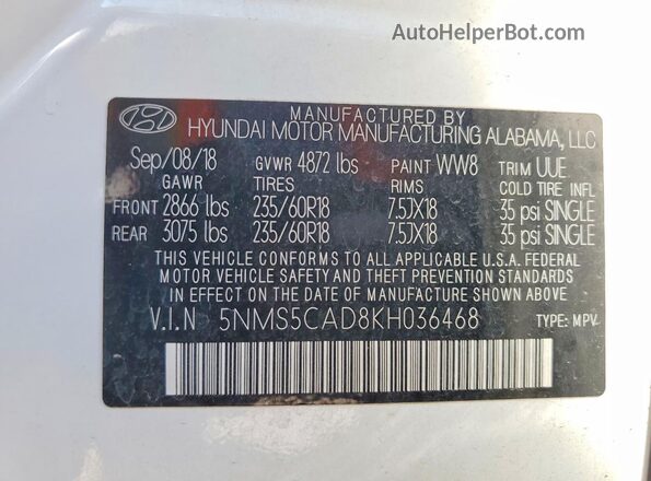 5NMS5CAD8KH036468 2019 HYUNDAI SANTA White 360 interior view