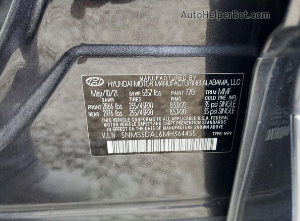 5NMS5DAL6MH364455 2021 HYUNDAI SANTA Charcoal VIN sticker view