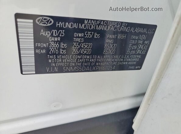 5NMS5DALXPH611254 2023 HYUNDAI SANTA White Widok naklejki z numerem VIN
