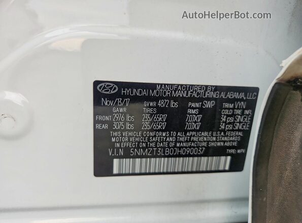5NMZT3LB0JH090037 2018 HYUNDAI SANTA White Vista del compartimento del motor