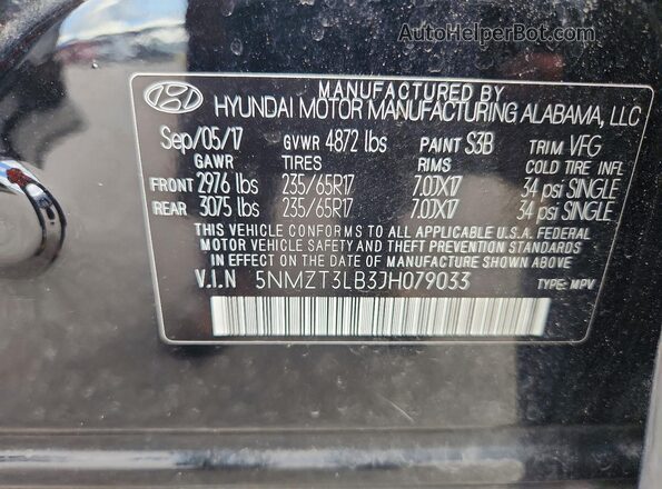 5NMZT3LB3JH079033 2018 HYUNDAI SANTA Black Вид наклейки з VIN-кодом