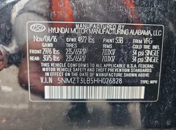 5NMZT3LB5HH026828 2017 HYUNDAI SANTA Black Widok naklejki z numerem VIN