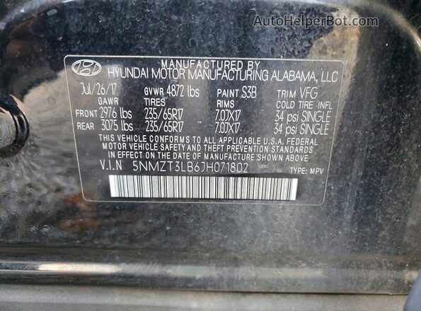 5NMZT3LB6JH071802 2018 HYUNDAI SANTA Black VIN sticker view