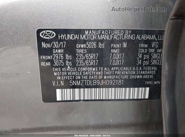 5NMZTDLB9JH092181 2018 HYUNDAI SANTA FE SPORT Silver Вид підкапотного простору