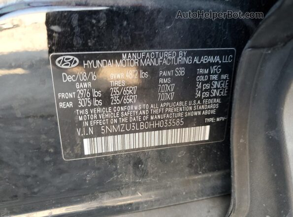 5NMZU3LB0HH033585 2017 HYUNDAI SANTA Black Widok komory silnika