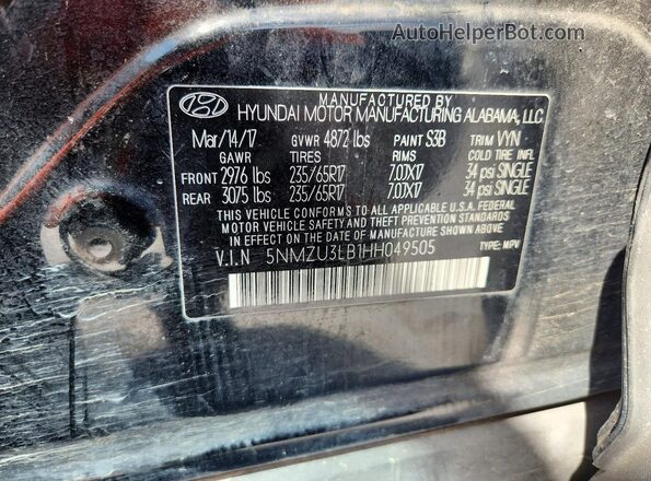 5NMZU3LB1HH049505 2017 HYUNDAI SANTA Black Widok naklejki z numerem VIN
