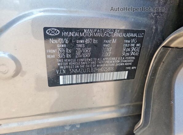 5NMZU3LB2HH025813 2017 HYUNDAI SANTA Gray Engine compartment view