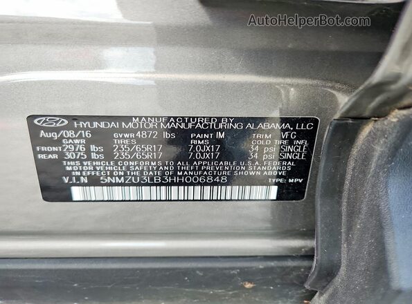 5NMZU3LB3HH006848 2017 HYUNDAI SANTA Gray Widok naklejki z numerem VIN