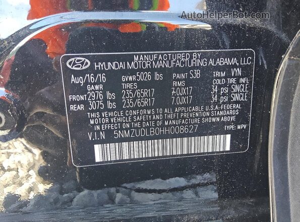 5NMZUDLB0HH008627 2017 HYUNDAI SANTA Black VIN sticker view