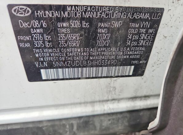 5NMZUDLB3HH033490 2017 HYUNDAI SANTA White Շարժիչի բաժամունքի տեսք