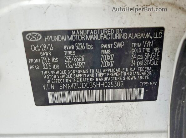 5NMZUDLB5HH025309 2017 HYUNDAI SANTA White VIN կոդի պիտակի տեսք