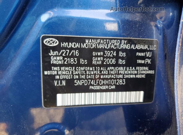 5NPD74LF0HH101283 2017 HYUNDAI ELANTRA Blue ძრავის განყოფილების ხედი