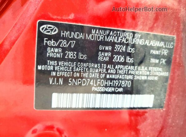 5NPD74LF0HH197870 2017 HYUNDAI ELANTRA Burgundy ძრავის განყოფილების ხედი