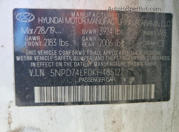 5NPD74LF0KH485122 2019 HYUNDAI ELANTRA White Vista del compartimento del motor