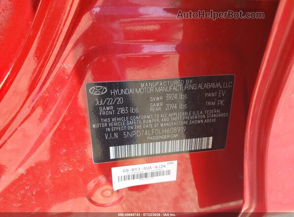 5NPD74LF0LH608919 2020 HYUNDAI ELANTRA Красный Вид подкапотного пространства