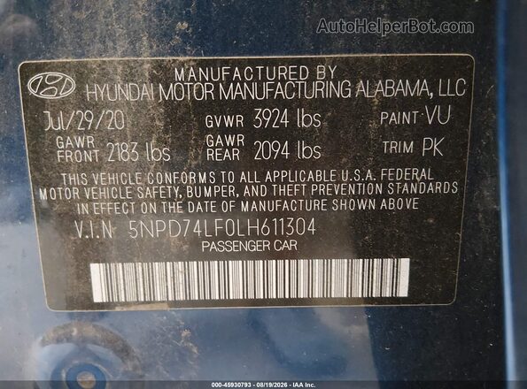 5NPD74LF0LH611304 2020 HYUNDAI ELANTRA Blue Вид підкапотного простору