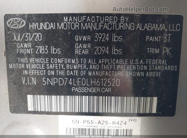 5NPD74LF0LH612520 2020 HYUNDAI ELANTRA Silver Engine compartment view