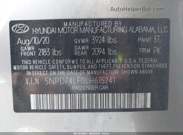 5NPD74LF0LH615241 2020 HYUNDAI ELANTRA Silver ძრავის განყოფილების ხედი