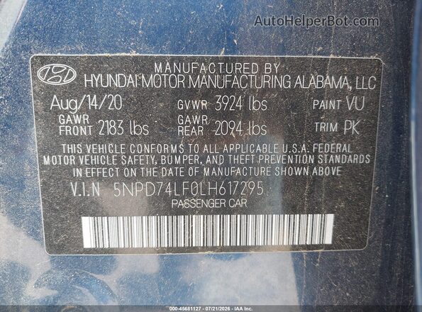 5NPD74LF0LH617295 2020 HYUNDAI ELANTRA Blue Vista del compartimento del motor