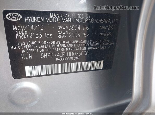 5NPD74LF1HH076006 2017 HYUNDAI ELANTRA Серый Вид подкапотного пространства