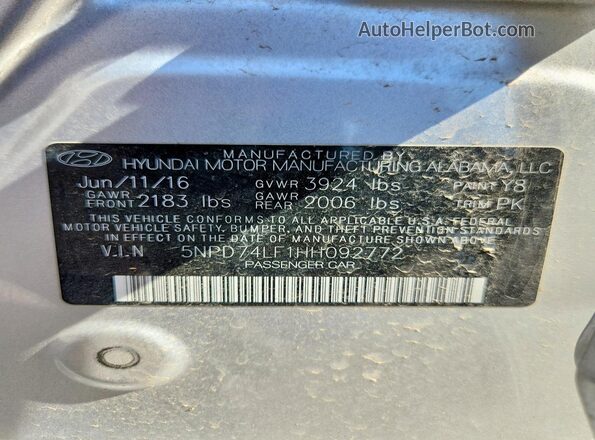 5NPD74LF1HH092772 2017 HYUNDAI ELANTRA Silver Շարժիչի բաժամունքի տեսք