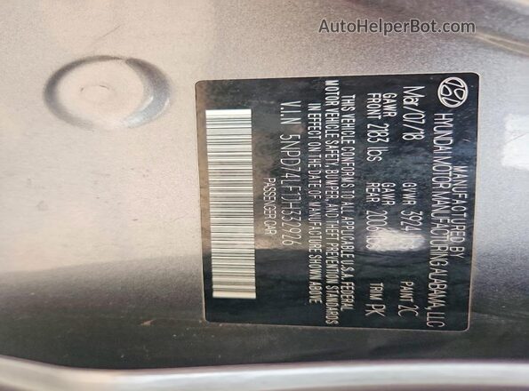 5NPD74LF1JH332926 2018 HYUNDAI ELANTRA Gray VIN sticker view