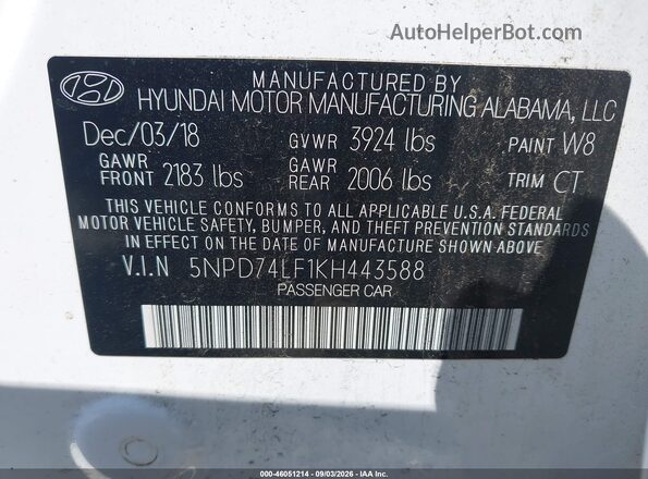 5NPD74LF1KH443588 2019 HYUNDAI ELANTRA White Vista del compartimento del motor