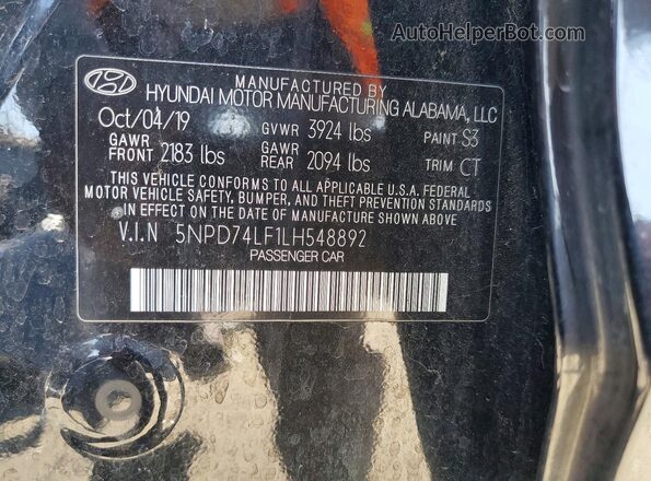 5NPD74LF1LH548892 2020 HYUNDAI ELANTRA Черный Вид подкапотного пространства