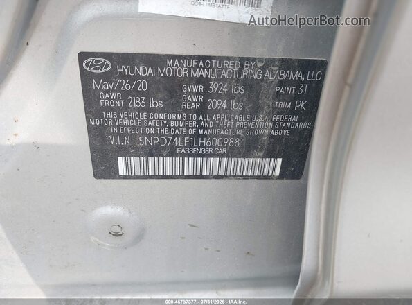 5NPD74LF1LH600988 2020 HYUNDAI ELANTRA Silver Widok komory silnika