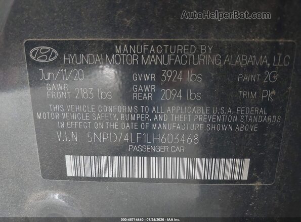 5NPD74LF1LH603468 2020 HYUNDAI ELANTRA Серый Вид подкапотного пространства